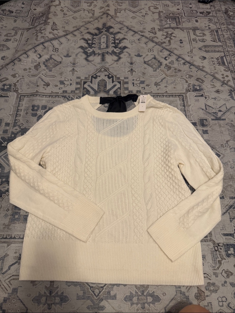 NWT Talbots Cable Knit Sweater Black Bow Back Cream Ivory Pullover Large